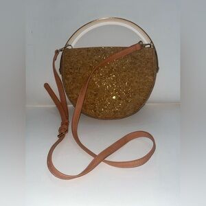 MADISON WEST Cork Crossbody W/ Handle Bag Vegan Leather Tan/Gold 3 Pocket